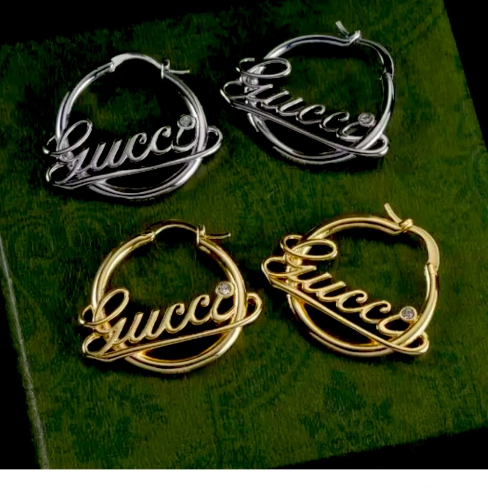 Silver Cursive Logo Hoop Earrings - Picture 2 of 2